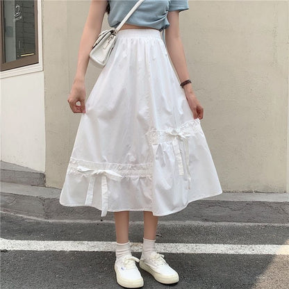 Panel A-Line Skirt Bow Elastic Plain Midi Waist