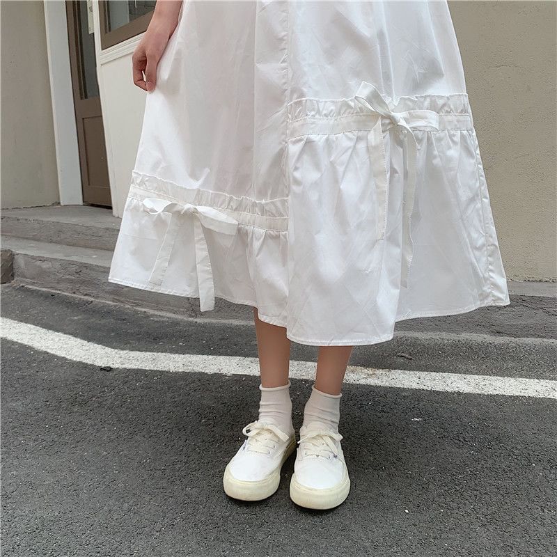 Panel A-Line Skirt Bow Elastic Plain Midi Waist