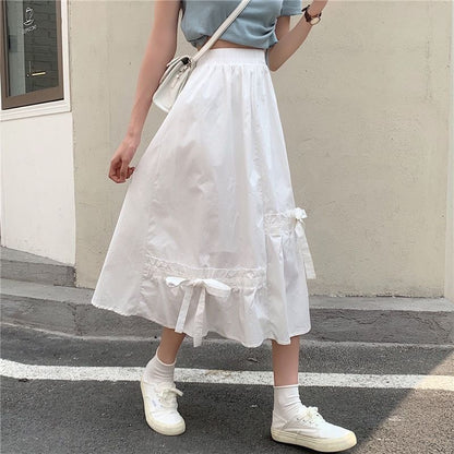 Panel A-Line Skirt Bow Elastic Plain Midi Waist