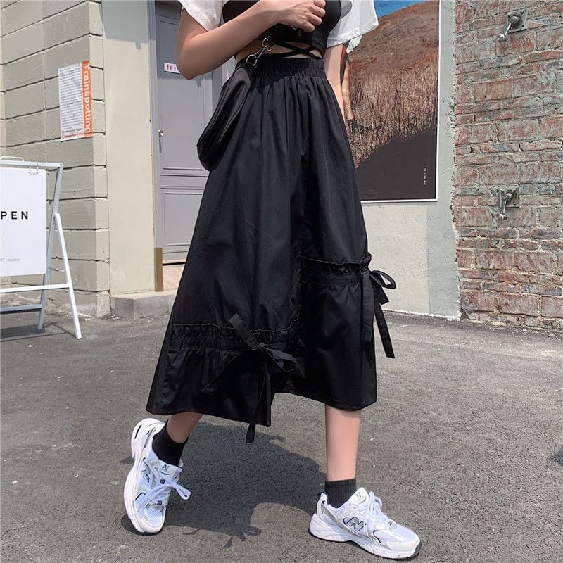 Panel A-Line Skirt Bow Elastic Plain Midi Waist