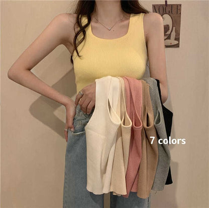 Neck Tank Knit Top Ribbed Plain Square