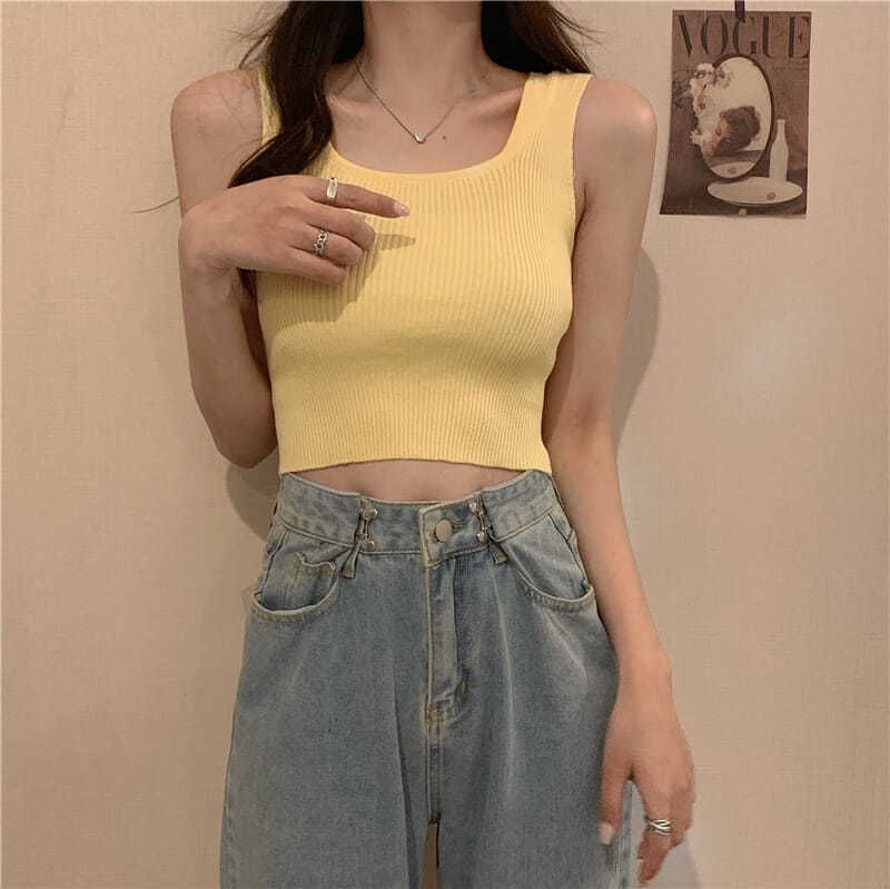 Neck Tank Knit Top Ribbed Plain Square