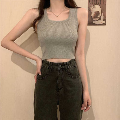 Neck Tank Knit Top Ribbed Plain Square