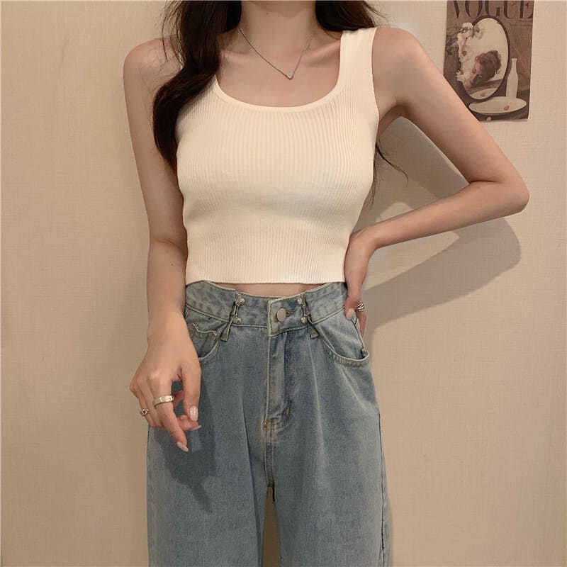 Neck Tank Knit Top Ribbed Plain Square