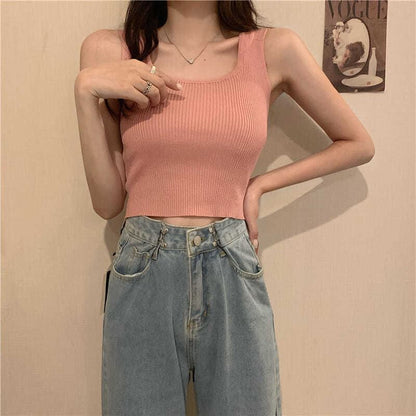 Neck Tank Knit Top Ribbed Plain Square