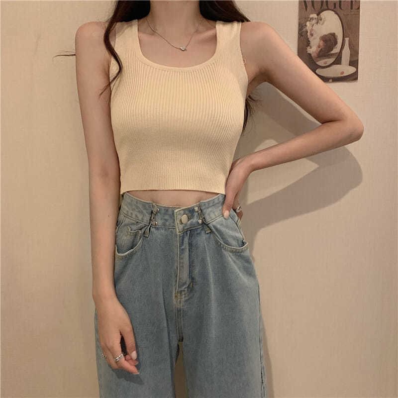 Neck Tank Knit Top Ribbed Plain Square