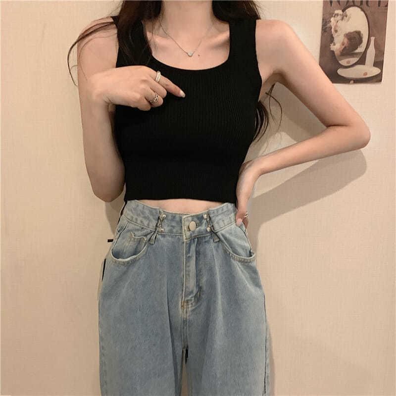 Neck Tank Knit Top Ribbed Plain Square