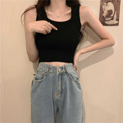 Neck Tank Knit Top Ribbed Plain Square