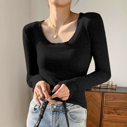 Plain T-Shirt Scoop Neck Long-Sleeve