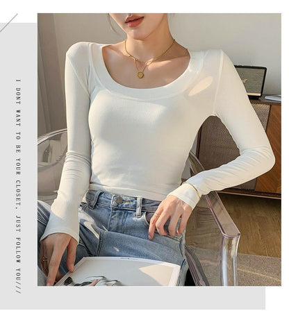 Plain T-Shirt Scoop Neck Long-Sleeve