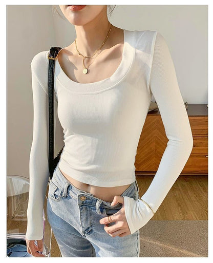 Plain T-Shirt Scoop Neck Long-Sleeve