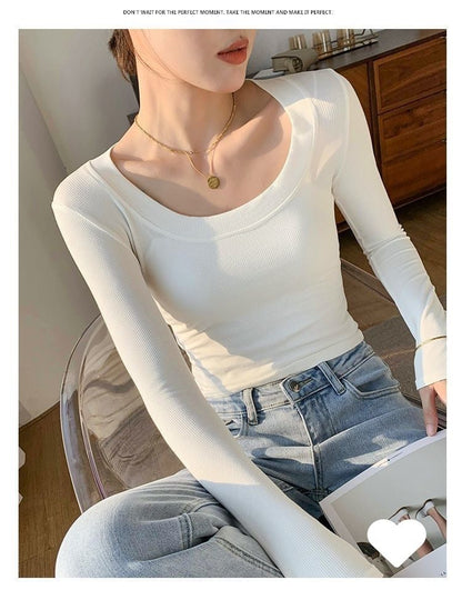 Plain T-Shirt Scoop Neck Long-Sleeve