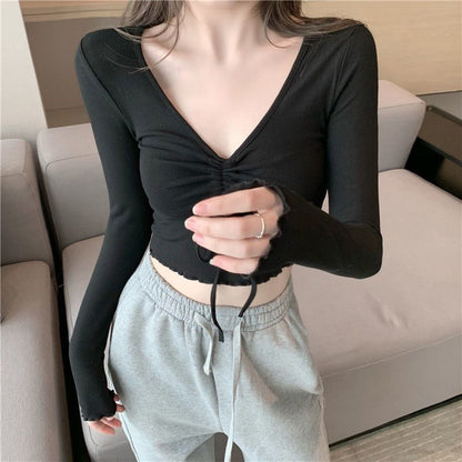 Plain Crop V-Neck Long-Sleeve T-Shirt Drawstring