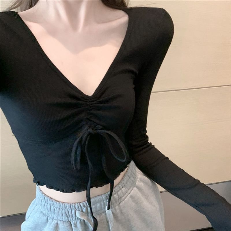 Plain Crop V-Neck Long-Sleeve T-Shirt Drawstring