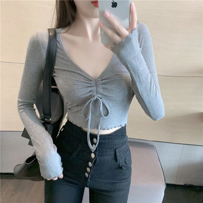 Plain Crop V-Neck Long-Sleeve T-Shirt Drawstring
