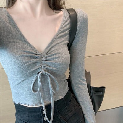 Plain Crop V-Neck Long-Sleeve T-Shirt Drawstring