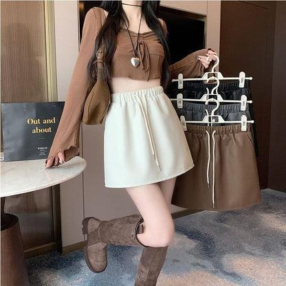 Drawstring A-Line Mini Faux Skirt Plain Waist Leather
