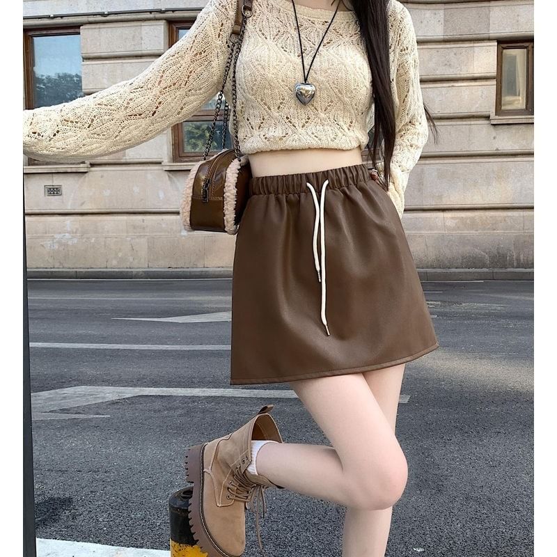 Drawstring A-Line Mini Faux Skirt Plain Waist Leather