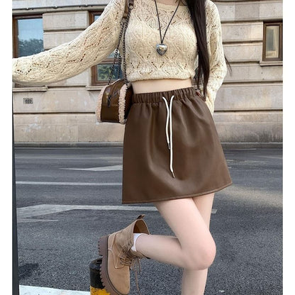 Drawstring A-Line Mini Faux Skirt Plain Waist Leather