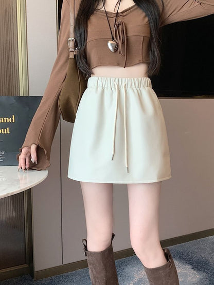 Drawstring A-Line Mini Faux Skirt Plain Waist Leather