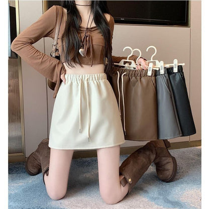 Drawstring A-Line Mini Faux Skirt Plain Waist Leather