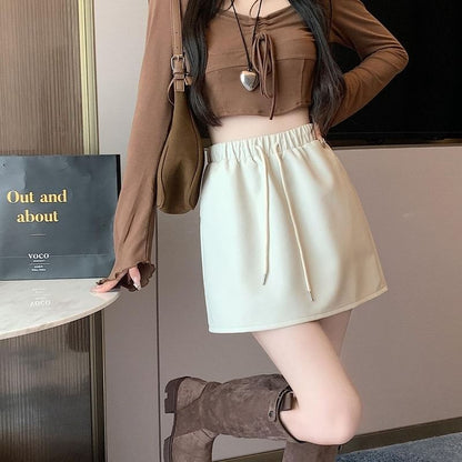 Drawstring A-Line Mini Faux Skirt Plain Waist Leather