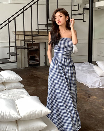 Plaid Ruched Maxi A-Line Tube Dress