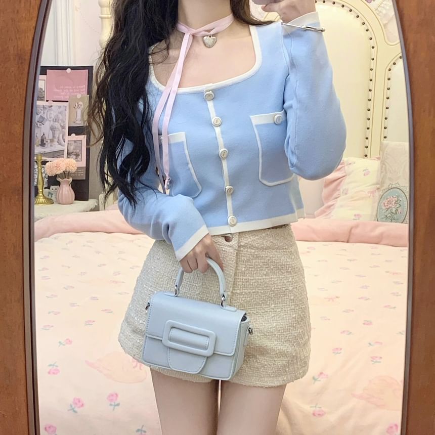 High Contrast / Neck Cardigan Pants Waist Hot Cropped Plain Square Trim