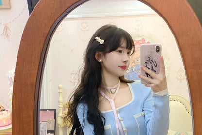 High Contrast / Neck Cardigan Pants Waist Hot Cropped Plain Square Trim