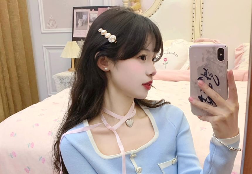 High Contrast / Neck Cardigan Pants Waist Hot Cropped Plain Square Trim