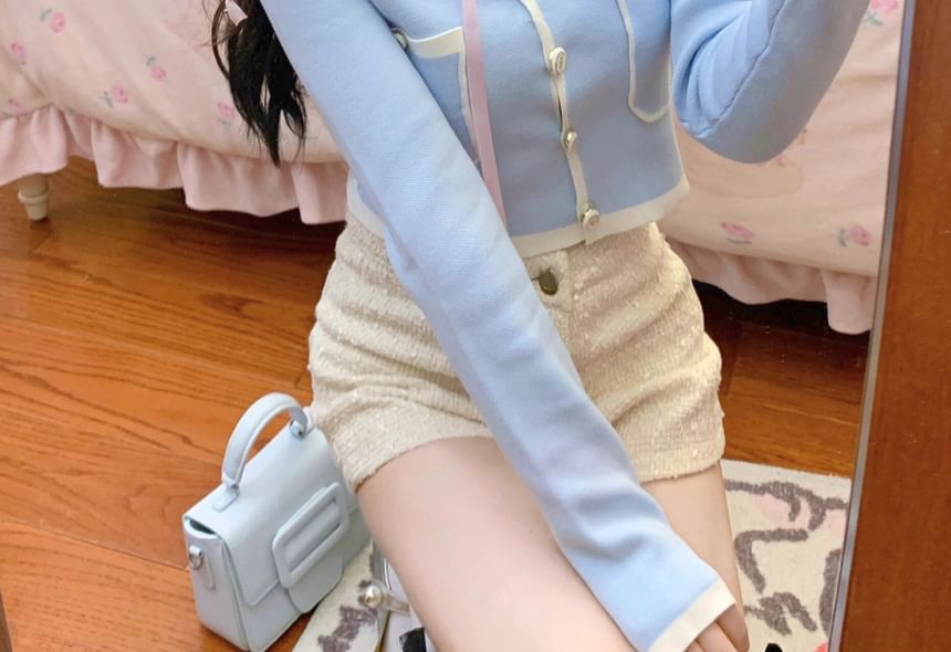 High Contrast / Neck Cardigan Pants Waist Hot Cropped Plain Square Trim