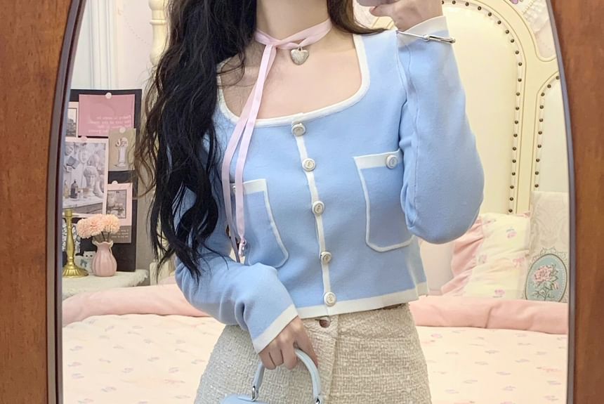 High Contrast / Neck Cardigan Pants Waist Hot Cropped Plain Square Trim