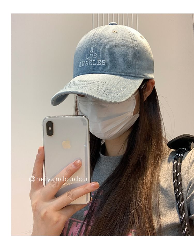 Baseball Embroidered Cap Washed Lettering Denim