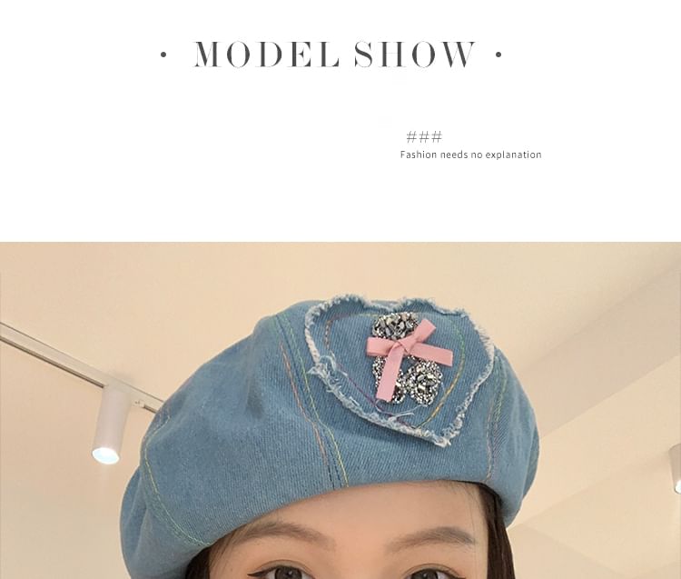 Denim Applique Beret Heart Rhinestone Bow