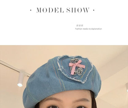 Denim Applique Beret Heart Rhinestone Bow