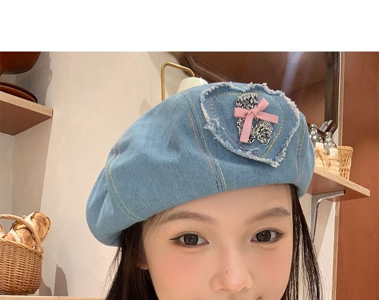 Denim Applique Beret Heart Rhinestone Bow
