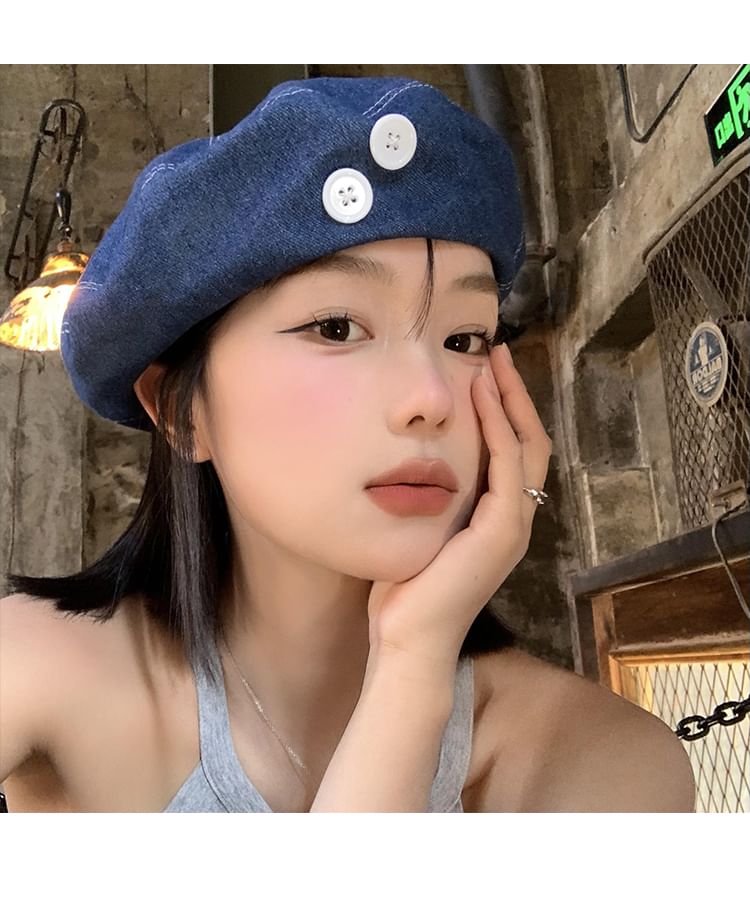 Accent Washed Beret Denim Button