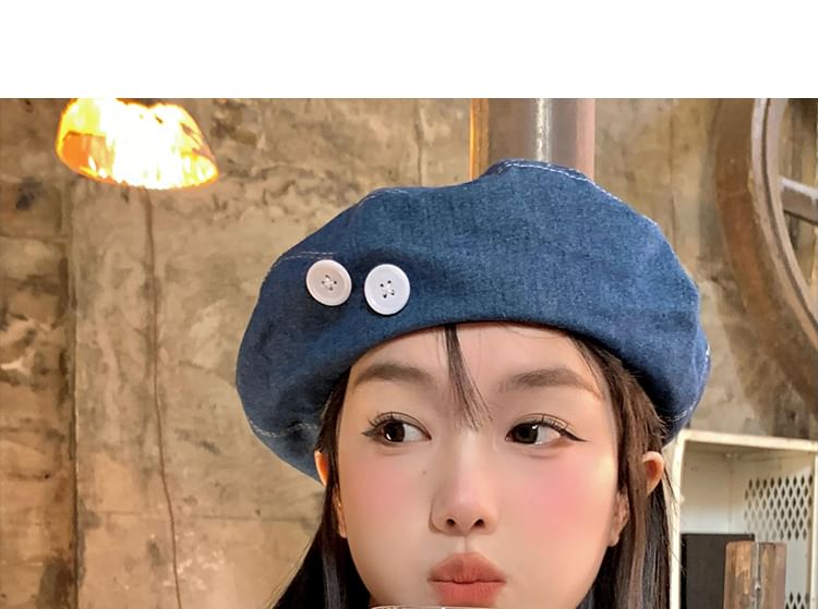 Accent Washed Beret Denim Button