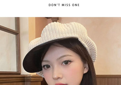 Knit Newsboy Faux Panel Leather Cap