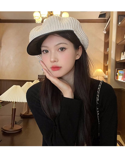 Knit Newsboy Faux Panel Leather Cap