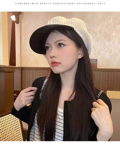 Knit Newsboy Faux Panel Leather Cap