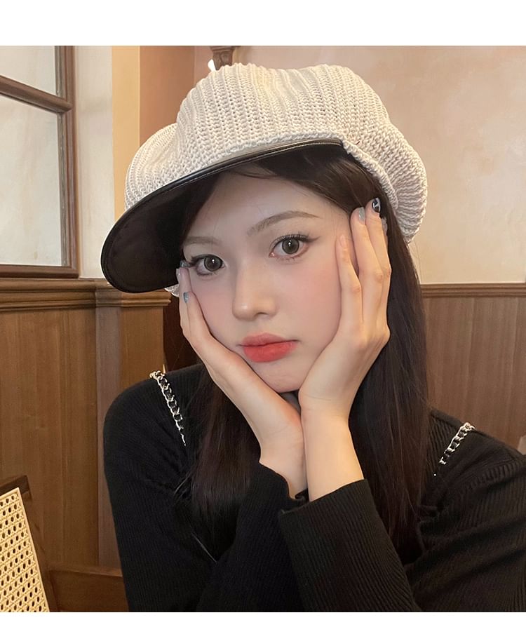Knit Newsboy Faux Panel Leather Cap