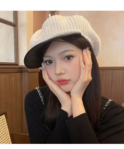 Knit Newsboy Faux Panel Leather Cap