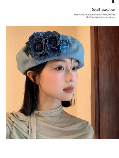 Denim Floral Accent Beret