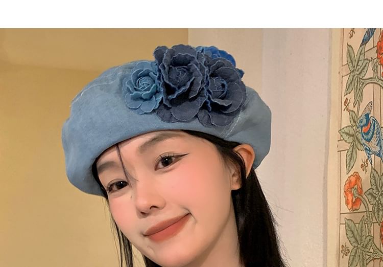 Denim Floral Accent Beret
