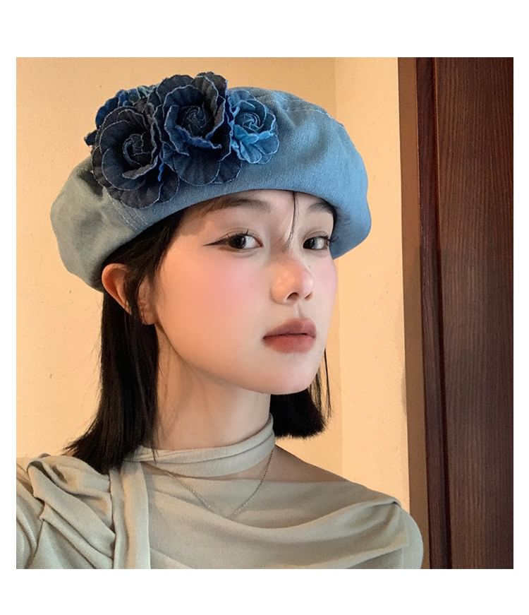 Denim Floral Accent Beret