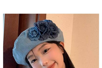 Denim Floral Accent Beret