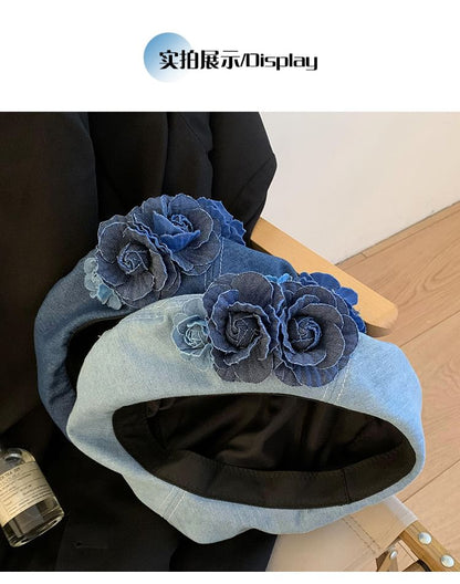 Denim Floral Accent Beret