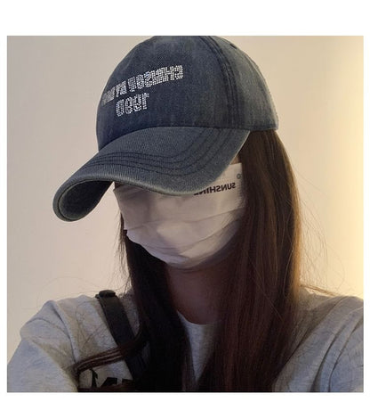 Rhinestone Baseball Lettering Cap Washed Denim