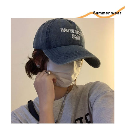Rhinestone Baseball Lettering Cap Washed Denim